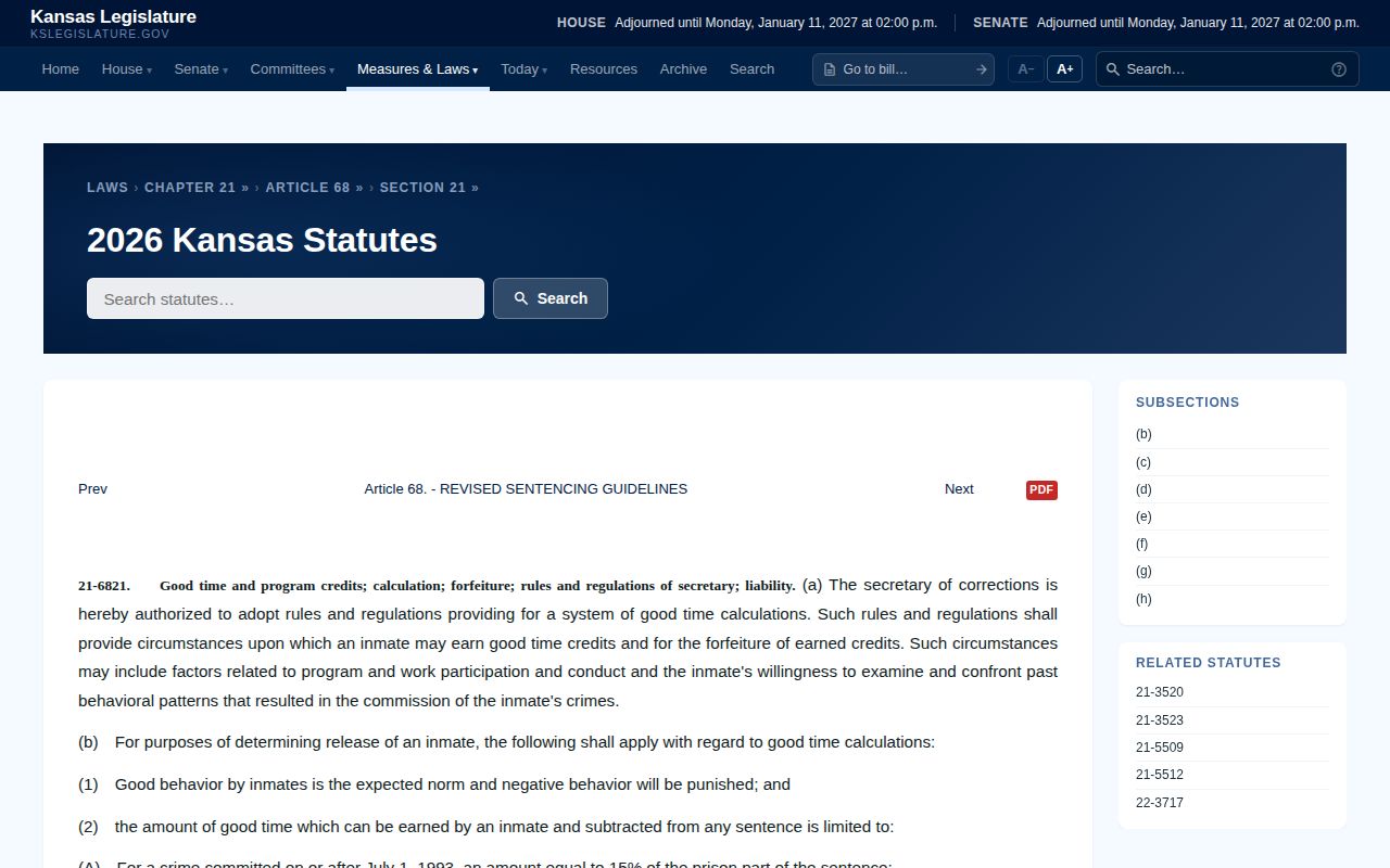 Kansas statute 21-6821 good-time and program-credit provisions