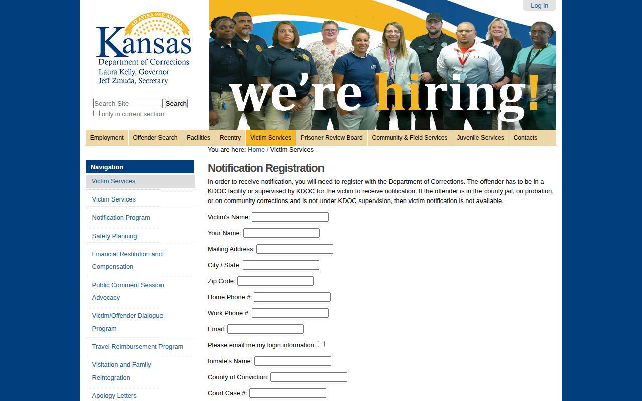 Kansas Department of Corrections victim notification form for state offenders